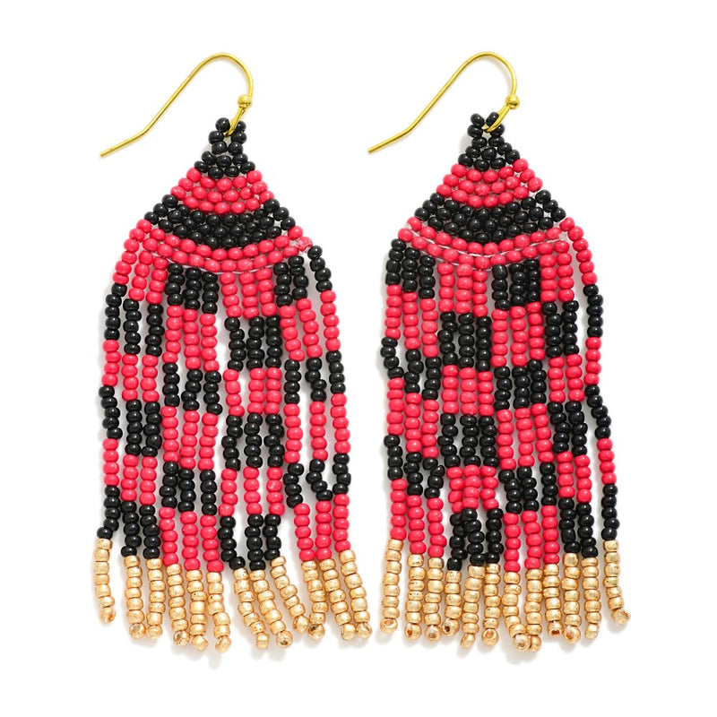 Checkered Seed Bead Tassel Earrings