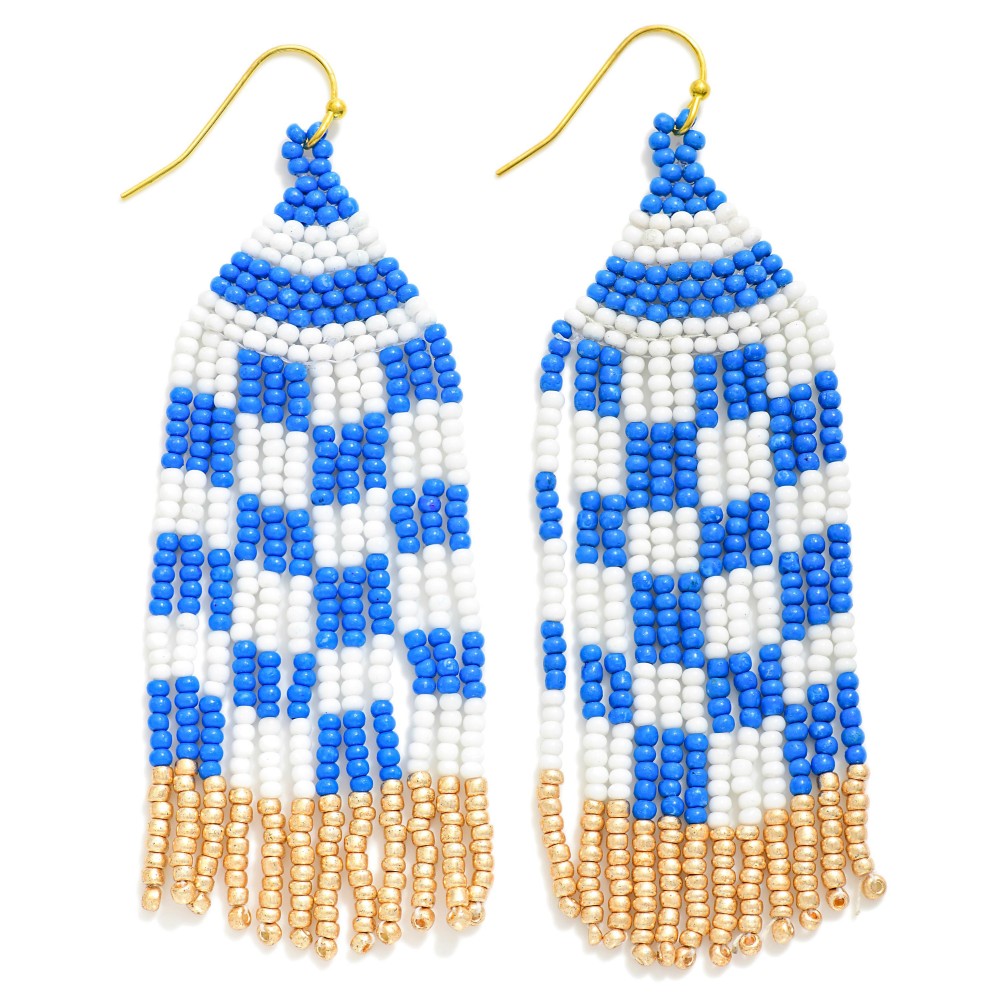 Checkered Seed Bead Tassel Earrings