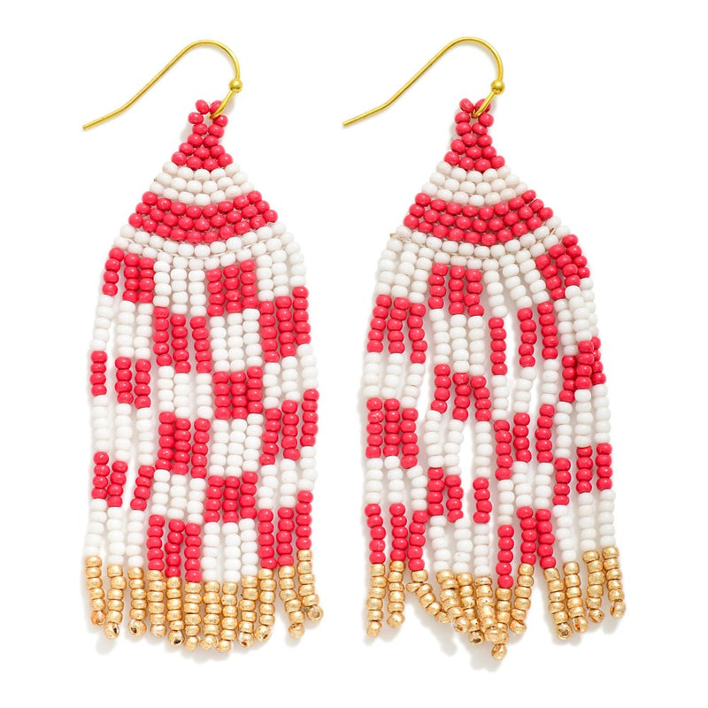 Checkered Seed Bead Tassel Earrings