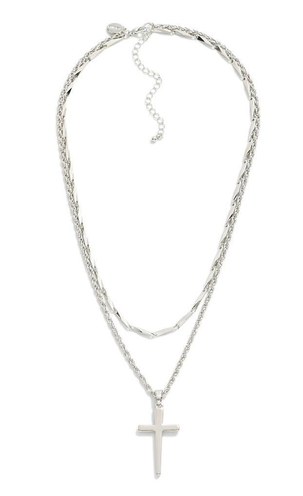 Layered Chain Link Necklace With Cross Pendant