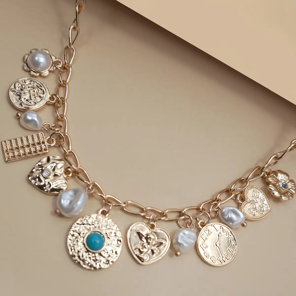 Turquoise & Coins Charm Necklace