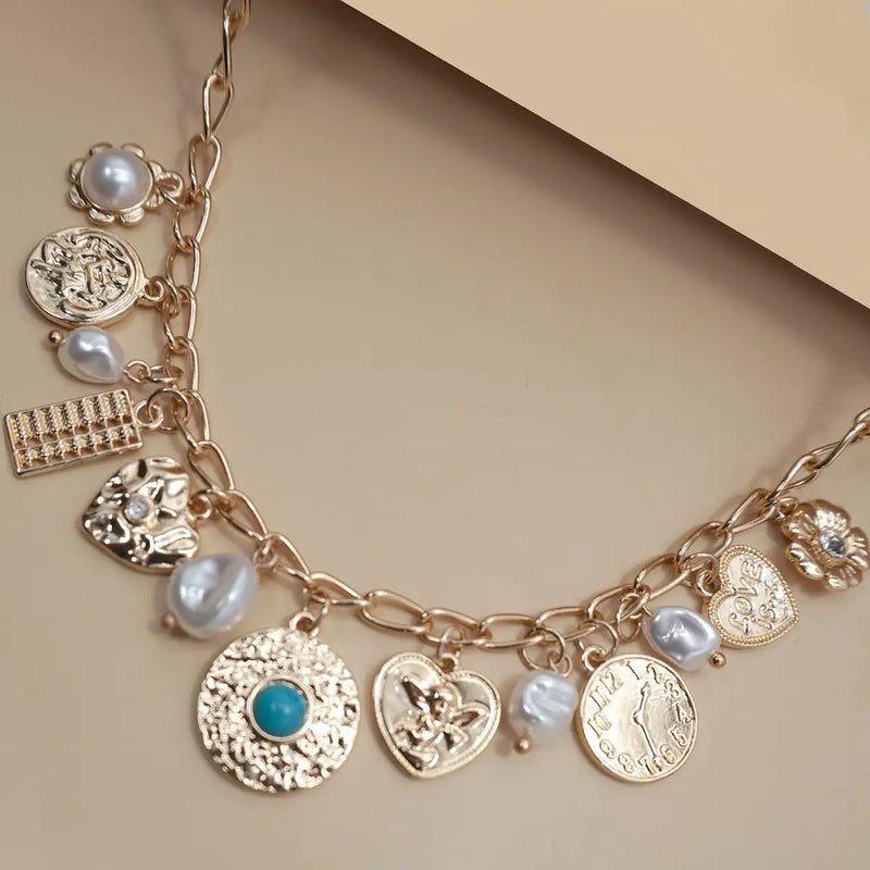 Turquoise & Coins Charm Necklace