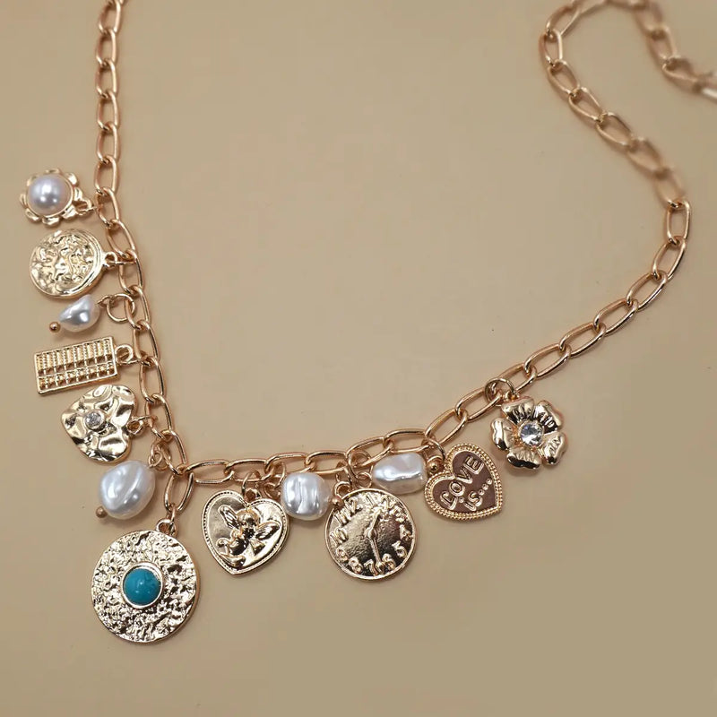 Turquoise & Coins Charm Necklace